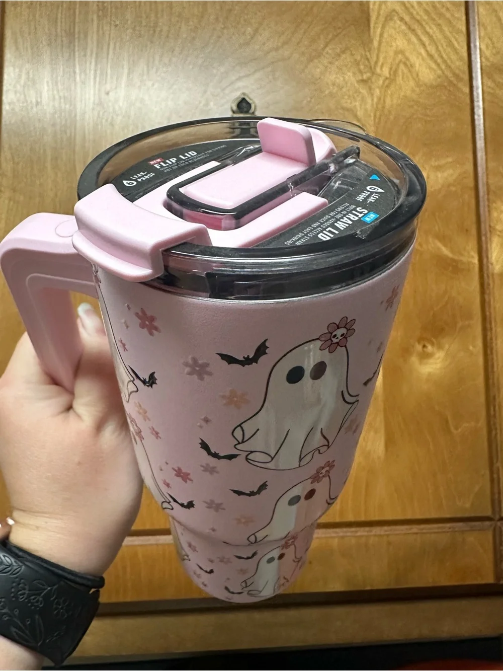 Pink Ghost Pattern Insulated Travel Mug with Handle
